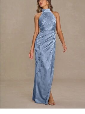 Azazie Dusty Blue High-Neck Satin Jacquard Maxi Gown